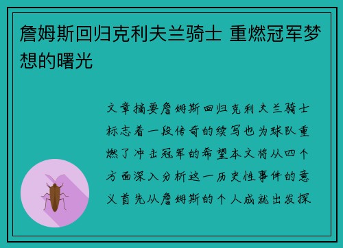 詹姆斯回归克利夫兰骑士 重燃冠军梦想的曙光 詹姆斯回归克利夫兰骑士 重燃冠军梦想的曙光